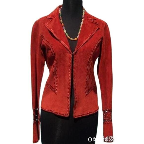 Cache Rust Suede Leather Peek-A-Boo Crochet Insert Jacket Top New $248 NWT - Picture 2 of 9